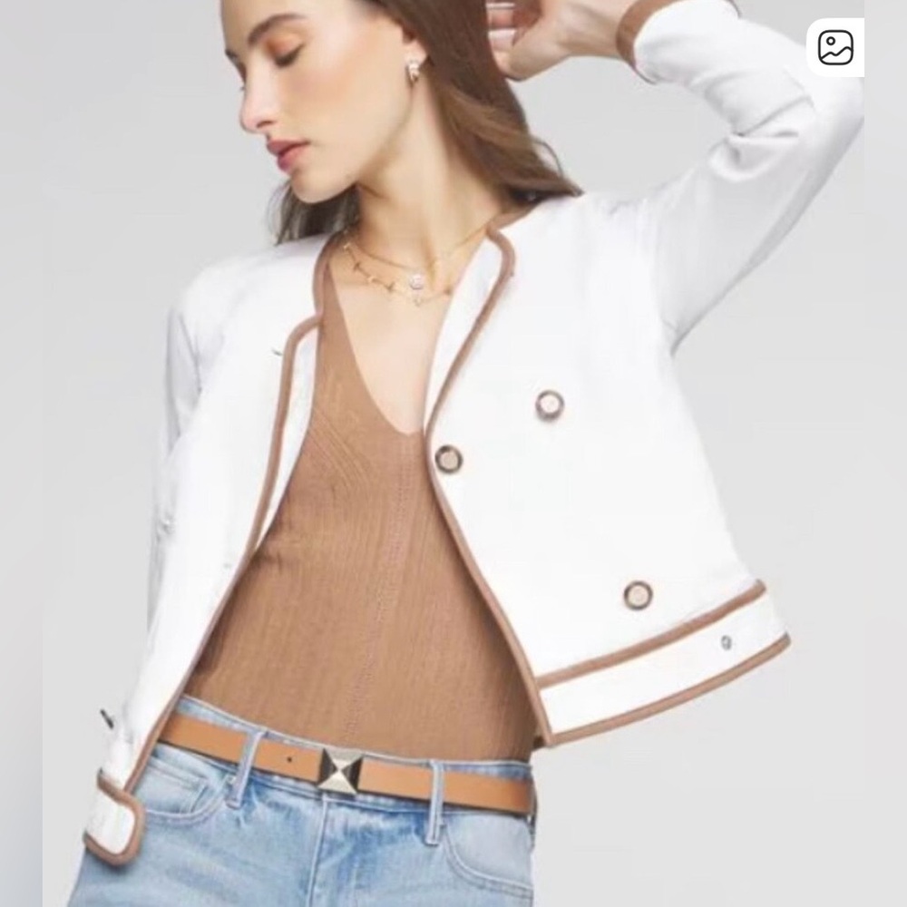 White House Black Market Contrast-Trim coated ecru and brown Jacket size 10